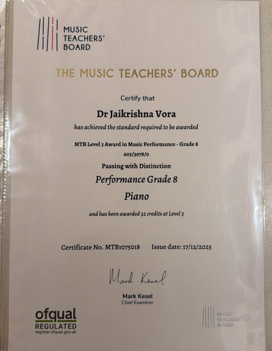 Dr Jaikrishna Vora Music Teachers Board Grade 8 Piano Certificate